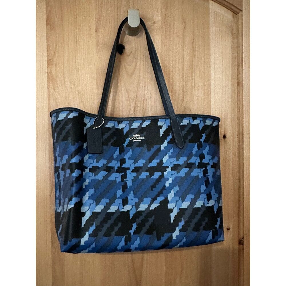 Coach City Tote With Blue Graphic Plaid Print NWT - Picture 3 of 10
